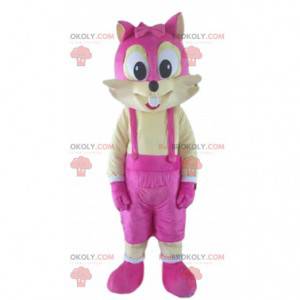 Yellow and pink squirrel mascot, colorful fox costume -