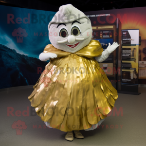 Gold Oyster mascot costume character dressed with a Maxi Skirt and Wraps