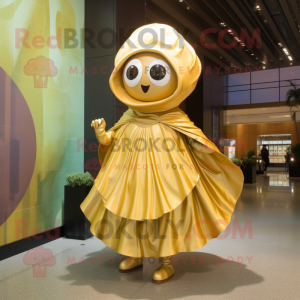 Gold Oyster mascot costume character dressed with a Maxi Skirt and Wraps
