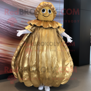 Gold Oyster mascot costume character dressed with a Maxi Skirt and Wraps