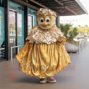 Gold Oyster mascot costume character dressed with a Maxi Skirt and Wraps