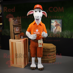 Orange Boer Goat mascot costume character dressed with a Henley Tee and Wallets