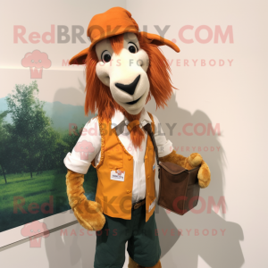 Orange Boer Goat mascot costume character dressed with a Henley Tee and Wallets