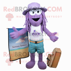 Lavender Spaghetti mascot costume character dressed with a Board Shorts and Suspenders