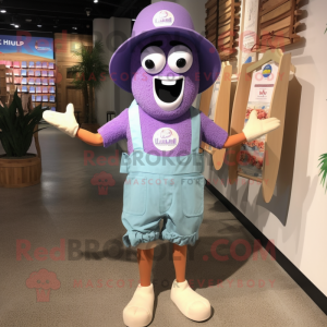 Lavender Spaghetti mascot costume character dressed with a Board Shorts and Suspenders
