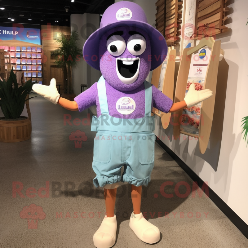 Lavender Spaghetti mascot costume character dressed with a Board Shorts and Suspenders