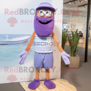Lavender Spaghetti mascot costume character dressed with a Board Shorts and Suspenders