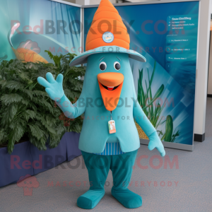 Teal Carrot mascot costume character dressed with a Swimwear and Hat pins