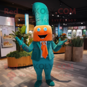 Teal Carrot mascot costume character dressed with a Swimwear and Hat pins