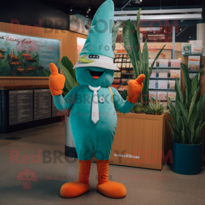 Teal Carrot mascot costume character dressed with a Swimwear and Hat pins