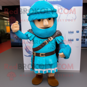 Turquoise Roman Soldier mascot costume character dressed with a Joggers and Scarf clips
