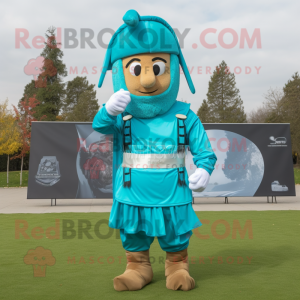 Turquoise Roman Soldier mascot costume character dressed with a Joggers and Scarf clips
