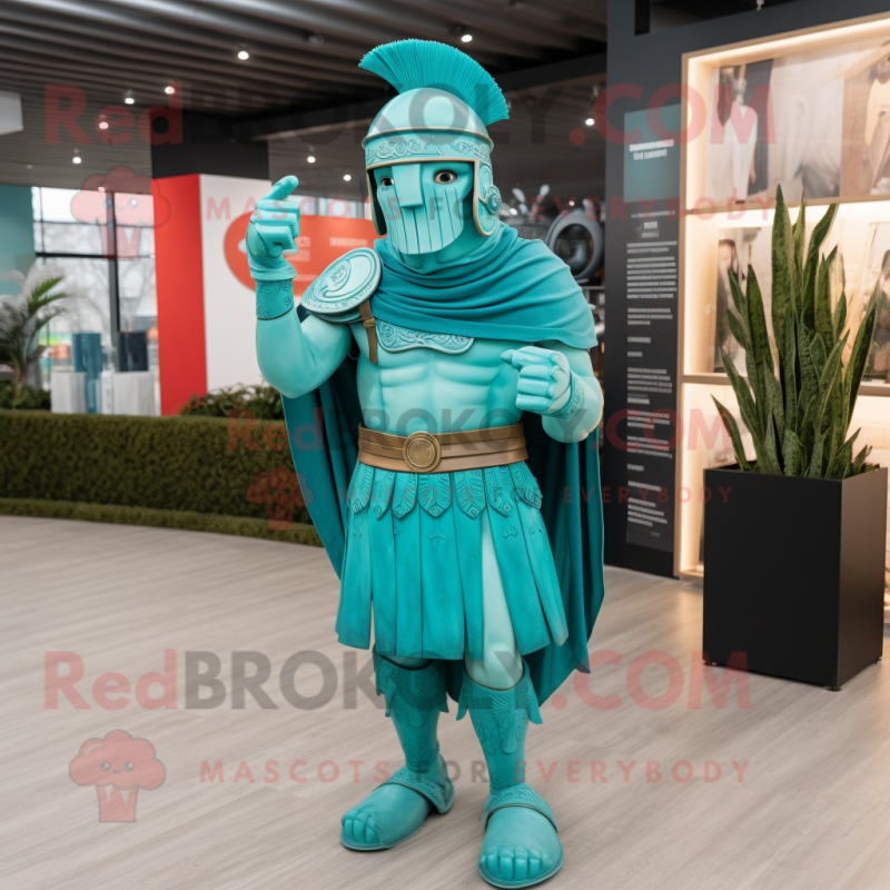 Turquoise Roman Soldier mascot costume character dressed with a Joggers and Scarf clips Turquoise Roman Soldier mascot costume character dressed with a Joggers and Scarf clips