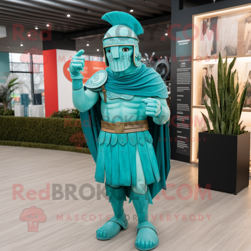 Turquoise Roman Soldier mascot costume character dressed with a Joggers and Scarf clips