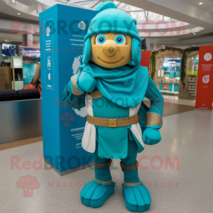 Turquoise Roman Soldier mascot costume character dressed with a Joggers and Scarf clips