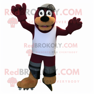 Maroon Skateboard mascot costume character dressed with a Cargo Shorts and Mittens