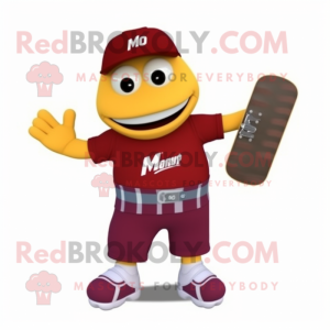 Maroon Skateboard mascot costume character dressed with a Cargo Shorts and Mittens