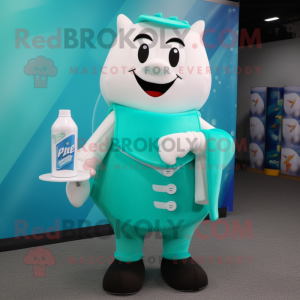 Teal Bottle Of Milk mascot costume character dressed with a Dress Pants and Wallets