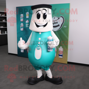 Teal Bottle Of Milk mascot costume character dressed with a Dress Pants and Wallets