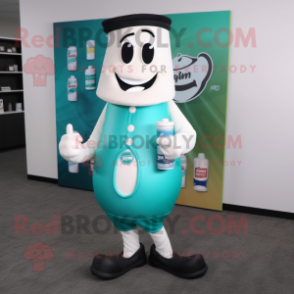 Teal Bottle Of Milk mascot costume character dressed with a Dress Pants and Wallets