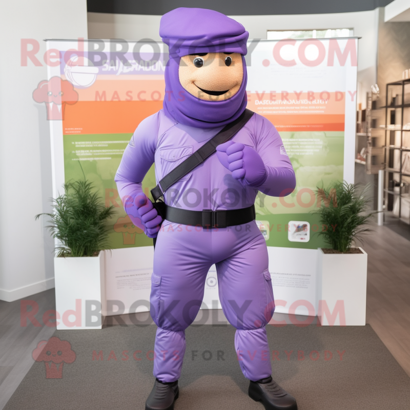 Lavender Soldier mascot costume character dressed with a Joggers and Bracelets Lavender Soldier mascot costume character dressed with a Joggers and Bracelets