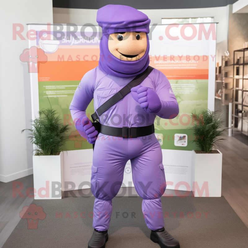 Lavender Soldier mascot costume character dressed with a Joggers and Bracelets