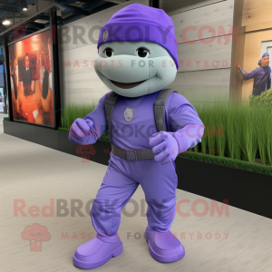 Lavender Soldier mascot costume character dressed with a Joggers and Bracelets