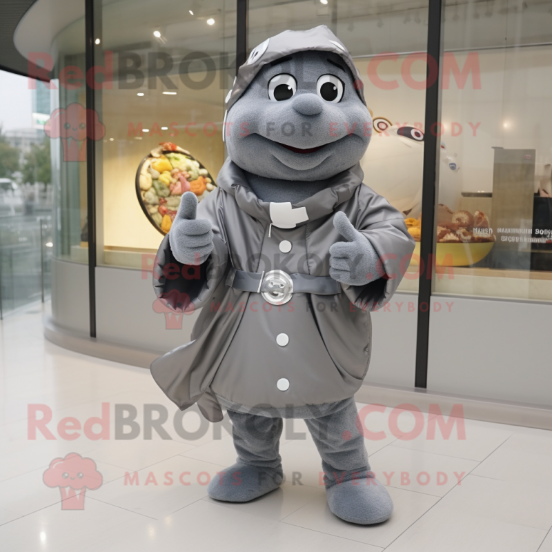 Gray Croissant mascot costume character dressed with a Raincoat and Bracelet watches Gray Croissant mascot costume character dressed with a Raincoat and Bracelet watches