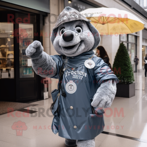 Gray Croissant mascot costume character dressed with a Raincoat and Bracelet watches