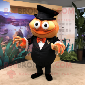 Peach Hermit Crab mascot costume character dressed with a Tuxedo and Cummerbunds