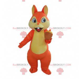 Mascote esquilo laranja e amarelo, esquilo gigante colorido -