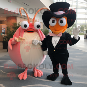 Peach Hermit Crab mascot costume character dressed with a Tuxedo and Cummerbunds