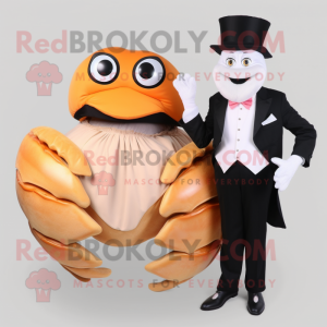 Peach Hermit Crab mascot costume character dressed with a Tuxedo and Cummerbunds