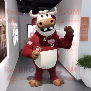 Maroon Cow mascot costume character dressed with a Cardigan and Clutch bags
