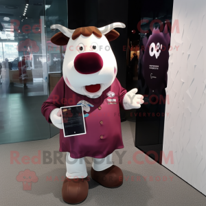 Maroon Cow mascot costume character dressed with a Cardigan and Clutch bags