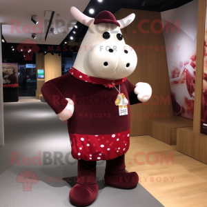 Maroon Cow mascot costume character dressed with a Cardigan and Clutch bags