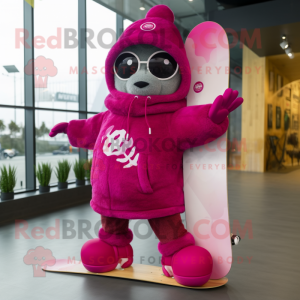 Magenta Skateboard mascot costume character dressed with a Parka and Earrings