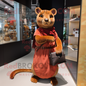 Rust Jaguarundi mascot costume character dressed with a Wrap Skirt and Handbags