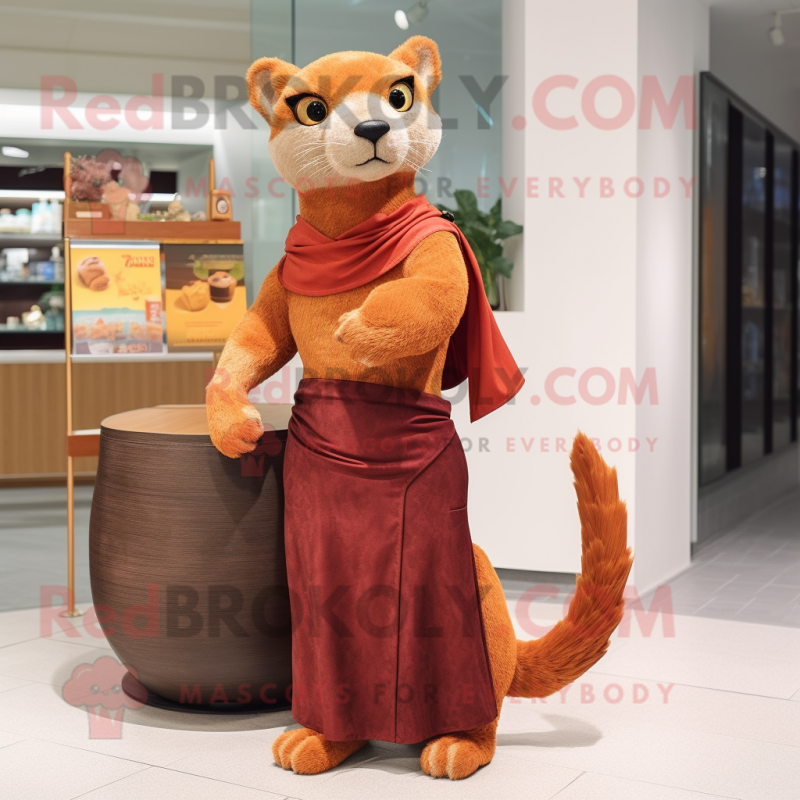 Rust Jaguarundi mascot costume character dressed with a Wrap Skirt and Handbags Rust Jaguarundi mascot costume character dressed with a Wrap Skirt and Handbags