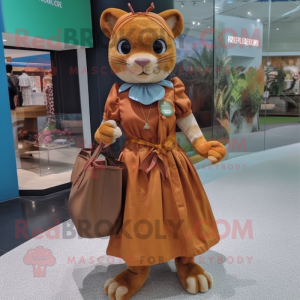 Rust Jaguarundi mascot costume character dressed with a Wrap Skirt and Handbags