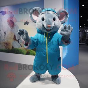 Blue Rat mascot costume character dressed with a Parka and Foot pads