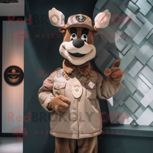 Tan Reindeer mascot costume character dressed with a Bomber Jacket and Hat pins