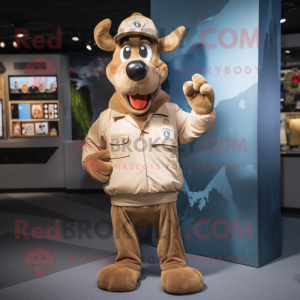Tan Reindeer mascot costume character dressed with a Bomber Jacket and Hat pins