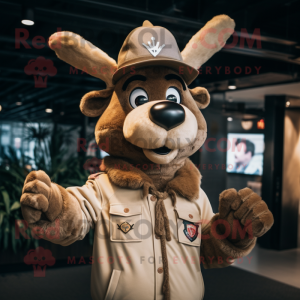 Tan Reindeer mascot costume character dressed with a Bomber Jacket and Hat pins