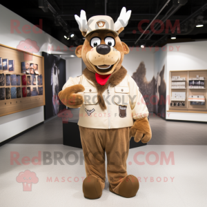 Tan Reindeer mascot costume character dressed with a Bomber Jacket and Hat pins