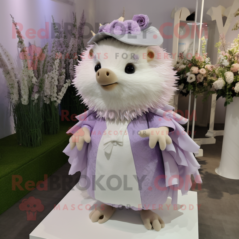 Lavender Hedgehog mascot costume character dressed with a Wedding Dress and Caps