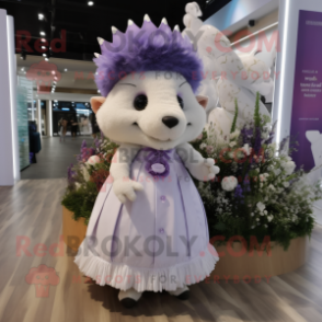 Lavender Hedgehog mascot costume character dressed with a Wedding Dress and Caps