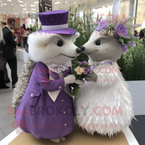 Lavender Hedgehog mascot costume character dressed with a Wedding Dress and Caps