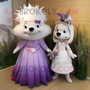 Lavender Hedgehog mascot costume character dressed with a Wedding Dress and Caps