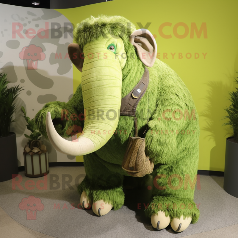 Lime Green Mammoth mascot costume character dressed with a Cardigan and Clutch bags